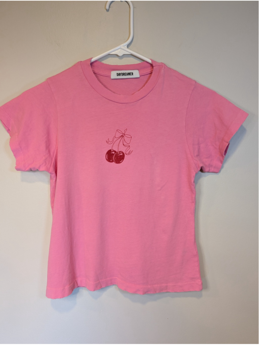 Daydreamer Cherry Bow Graphic Baby Tee Pink Distressed Made in USA XS